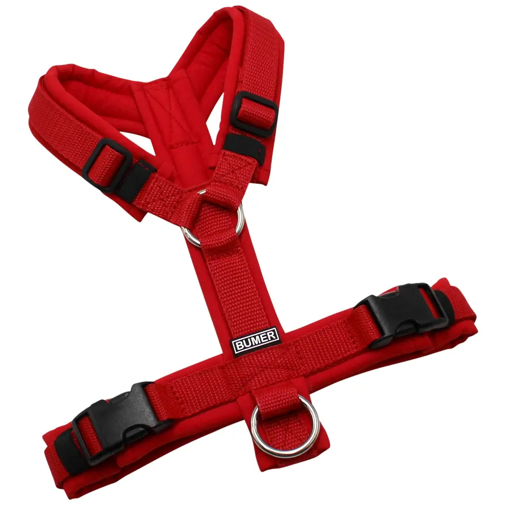 BUMER Hundegeschirr, gepolstert ohne geteilten Bruststeg, Zwischengröße XS/S, Gurtband Rot, Softshell Rot, Ringe silberfarbig (Edelstahl), Schnallen schwarz (DURAFLEX®)