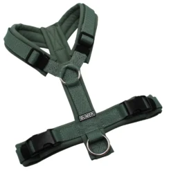 BUMER Hundegeschirr, gepolstert ohne geteilten Bruststeg, Zwischengröße XS/S, Gurtband Salbei, Softshell Schilfgrün, Ringe silberfarbig (Edelstahl), Schnallen schwarz (DURAFLEX®)