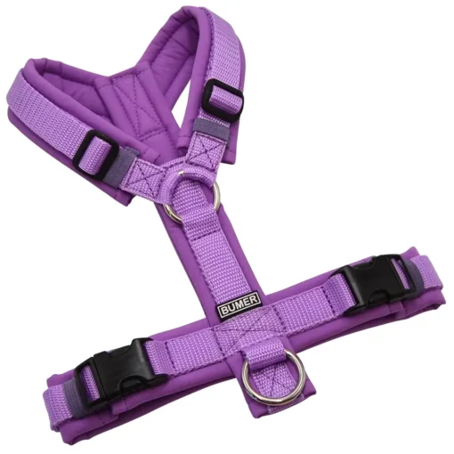 BUMER Hundegeschirr, gepolstert ohne geteilten Bruststeg, Zwischengröße XS/S, Gurtband Violet, Softshell Hortensien Lila, Ringe silberfarbig (Edelstahl)