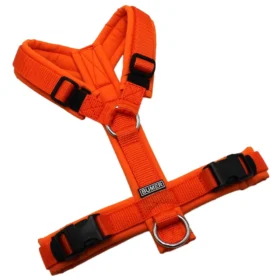 BUMER Hundegeschirr, gepolstert ohne geteilten Bruststeg, Zwischengröße XS/S, Gurtband Orange, Softshell Naranjada, Ringe silberfarbig (Edelstahl), Schnallen schwarz (DURAFLEX®)