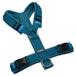 BUMER Hundegeschirr, gepolstert ohne geteilten Bruststeg, Zwischengröße XS/S, Gurtband PREMIUM X Petrol, Softshell Curacao Splash, Ringe silberfarbig (Edelstahl)
