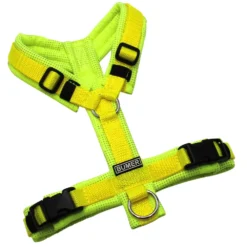 BUMER Hundegeschirr, gepolstert ohne geteilten Bruststeg, Zwischengröße XXS/XS, Gurtband Neongelb, Softshell Camou REFLEX Neongelb, Ringe silberfarbig (Edelstahl), Schnallen schwarz