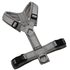 BUMER Hundegeschirr, gepolstert ohne geteilten Bruststeg, Zwischengröße XXS/XS, Gurtband PREMIUM Muschelgrau, Softshell Hellgrau, Ringe silberfarbig (Edelstahl), Schnallen schwarz (DURAFLEX®)