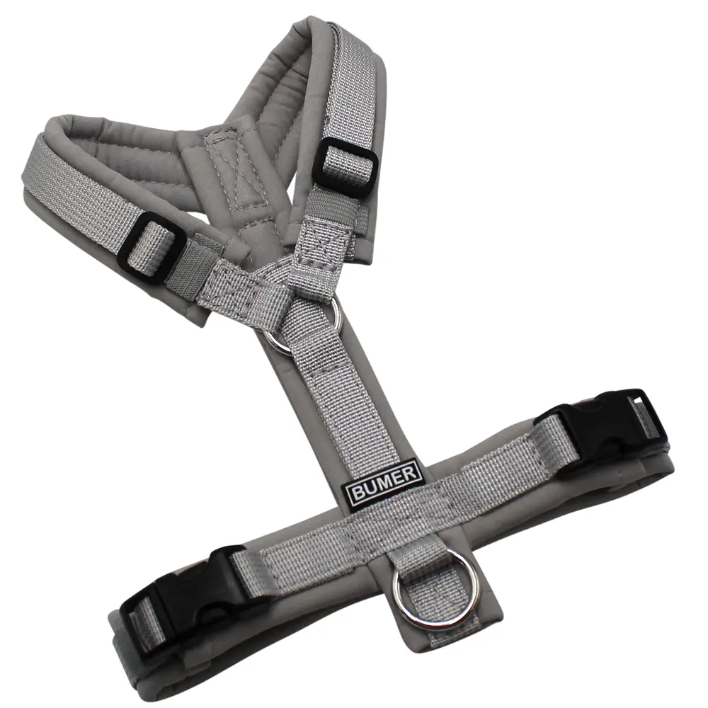BUMER Hundegeschirr, gepolstert ohne geteilten Bruststeg, Zwischengröße XXS/XS, Gurtband PREMIUM Muschelgrau, Softshell Hellgrau, Ringe silberfarbig (Edelstahl), Schnallen schwarz (DURAFLEX®)