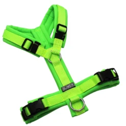 BUMER Hundegeschirr, gepolstert ohne geteilten Bruststeg, Zwischengröße XXS/XS, Gurtband PREMIUM Neonlime, Softshell Neongrün, Ringe silberfarbig (Edelstahl), Schnallen schwarz (DURAFLEX®)