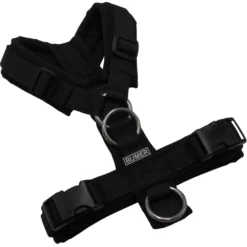 BUMER Hundegeschirr, gepolstert ohne geteilten Bruststeg, Zwischengröße XXS/XS, Gurtband PREMIUM Pitch Black, Softshell Schwarz, Ringe silberfarbig (Edelstahl), Schnallen schwarz (DURAFLEX®), Zusatzring Rückensteg