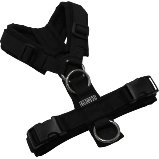 BUMER Hundegeschirr, gepolstert ohne geteilten Bruststeg, Zwischengröße XXS/XS, Gurtband PREMIUM Pitch Black, Softshell Schwarz, Ringe silberfarbig (Edelstahl), Schnallen schwarz (DURAFLEX®), Zusatzring Rückensteg