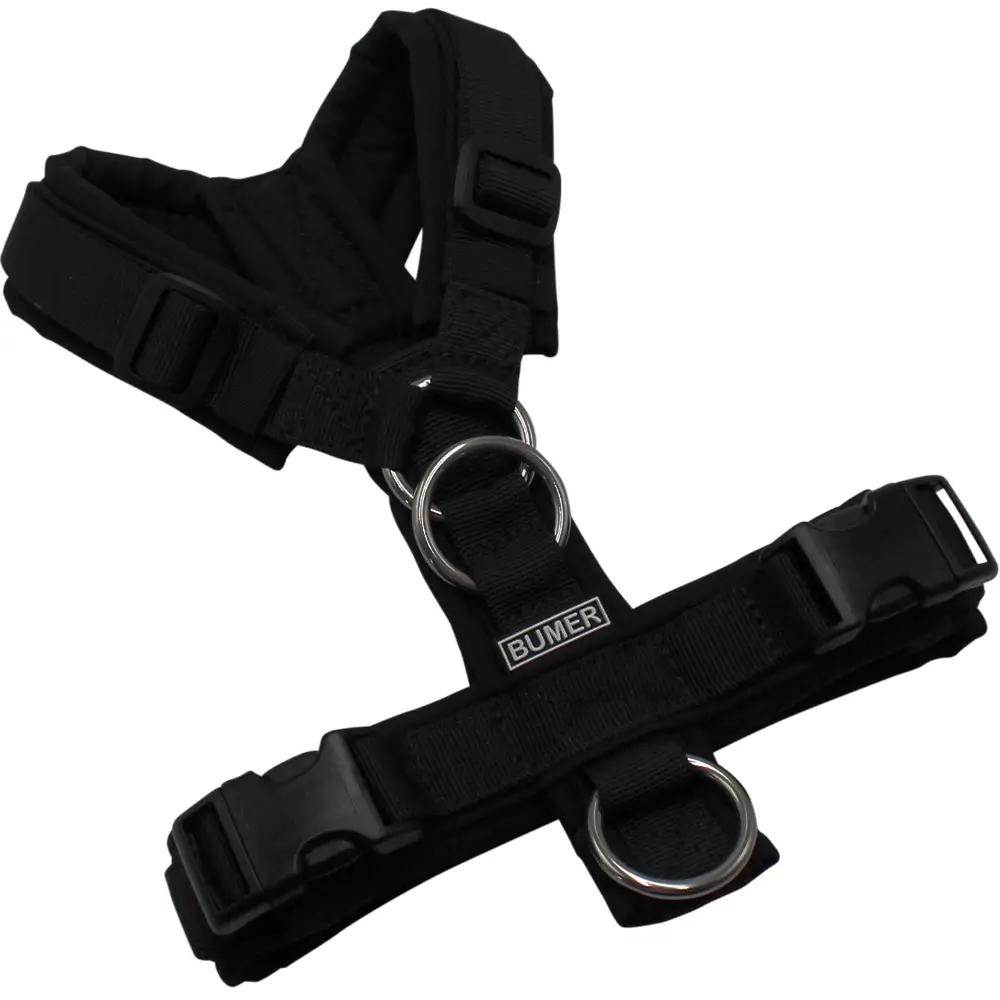 BUMER Hundegeschirr, gepolstert ohne geteilten Bruststeg, Zwischengröße XXS/XS, Gurtband PREMIUM Pitch Black, Softshell Schwarz, Ringe silberfarbig (Edelstahl), Schnallen schwarz (DURAFLEX®), Zusatzring Rückensteg