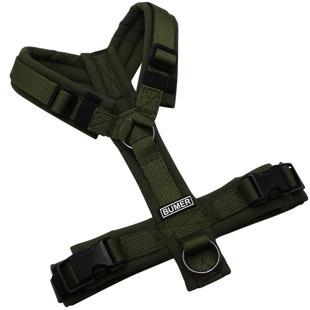 BUMER Hundegeschirr, gepolstert ohne geteilten Bruststeg, Zwischengröße XXS/XS, Gurtband PREMIUM Wiesensalbei, Softshell Olive, Ringe schwarz (Edelstahl), Schnallen schwarz (DURAFLEX®)