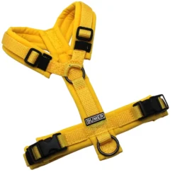 BUMER Hundegeschirr, gepolstert ohne geteilten Bruststeg, Zwischengröße XXS/XS, Gurtband Mais, Softshell Sonnenblume, Ringe schwarz (Edelstahl), Schnallen schwarz (DURAFLEX®)