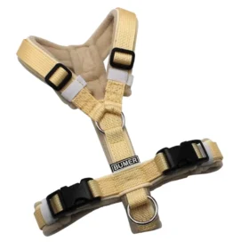 BUMER Hundegeschirr, ungepolstert, schmal, ohne geteilten Bruststeg, Größe XXS, Gurtband PREMIUM Buttercreme, Fleece Pale Cashmere, Ringe silberfarbig (Edelstahl), Schnallen schwarz (DURAFLEX®)