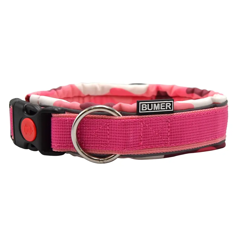 BUMER STACK IT® Steckhalsband, Hundehalsband für Hunde, gepolstert, Halsumfang 40cm, Gurtband PREMIUM Himbeer Sorbet, Softshell Candy Camou, Ringe silberfarbig (Edelstahl)