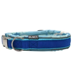 BUMER STACK IT® Steckhalsband, Hundehalsband für Hunde, gepolstert, Halsumfang 43cm, Gurtband PREMIUM Royal Saphire, Softshell Aquaflage, Ringe silberfarbig (Edelstahl), Schnalle Aluminium