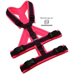 BUMER Sicherheitsgeschirr, gepolstert mit geteiltem Bruststeg, Größe M, Gurtband Aubergine, Softshell Neonpink, Ringe schwarz (Edelstahl), Schnallen schwarz (DURAFLEX®), Zusatzringe