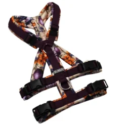 BUMER Sicherheitsgeschirr, gepolstert mit geteiltem Bruststeg, Größe XS, Gurtband Aubergine, Softshell Lilien Paradise, Ringe silberfarbig (Edelstahl), Schnallen schwarz