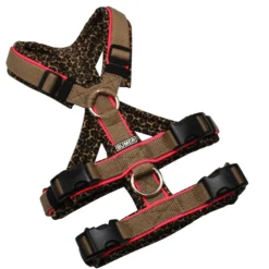 BUMER Sicherheitsgeschirr, gepolstert mit geteiltem Bruststeg, Größe XS, Gurtband Dunkelbeige, Softshell LEOPARD LEO #5, Ringe silberfarbig (Edelstahl), Schnallen DURAFLEX®