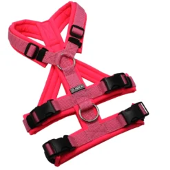 BUMER Sicherheitsgeschirr, gepolstert mit geteiltem Bruststeg, Größe XS, Gurtband Dunkelpink, Softshell Neonpink, Ringe silberfarbig (Edelstahl), Schnallen DURAFLEX®