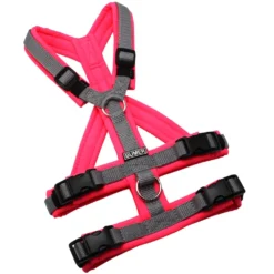BUMER Sicherheitsgeschirr, gepolstert mit geteiltem Bruststeg, Größe XS, Gurtband Mausgrau, Softshell Neonpink, Ringe silberfarbig (Edelstahl), Schnallen schwarz, Zusatzring Bruststeg
