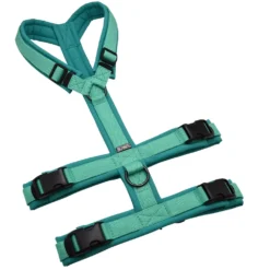 BUMER Sicherheitsgeschirr, gepolstert ohne geteilten Bruststeg, Größe L, Gurtband Mint, Softshell Atollblau, Ringe schwarz (Edelstahl), Schnallen schwarz (DURAFLEX®)