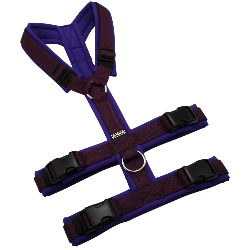 BUMER Sicherheitsgeschirr, gepolstert ohne geteilten Bruststeg, Größe M, Gurtband Aubergine, Softshell Lila Viola, Ringe silberfarbig (Edelstahl), Schnallen schwarz (DURAFLEX®)
