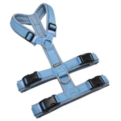 BUMER Sicherheitsgeschirr, gepolstert ohne geteilten Bruststeg, Größe M, Gurtband Eisblau, Softshell Nebelblau, Ringe silberfarbig (Edelstahl), Schnallen DURAFLEX®