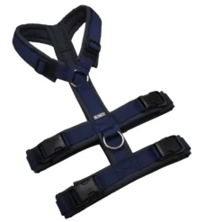 BUMER Sicherheitsgeschirr, gepolstert ohne geteilten Bruststeg, Größe M, Gurtband PREMIUM Midnight Indigo, Softshell Cool Grey, Ringe silberfarbig (Edelstahl), Schnallen DURAFLEX®