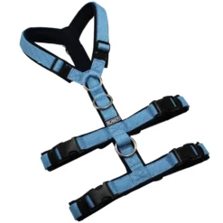 BUMER Sicherheitsgeschirr, gepolstert ohne geteilten Bruststeg, Größe S, Gurtband Eisblau, Softshell Navy, Ringe silberfarbig (Edelstahl), Schnallen schwarz (DURAFLEX®), Zusatzring Rückensteg