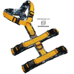 BUMER Sicherheitsgeschirr, gepolstert ohne geteilten Bruststeg, Größe S, Gurtband PREMIUM Sunburst Yellow, Softshell Black Dalia, Ringe schwarz (Edelstahl), Schnallen schwarz (DURAFLEX®)