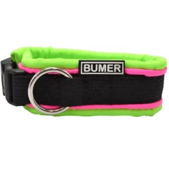 BUMER Steckhalsband, Hundehalsband für Hunde, gepolstert, Halsumfang 23cm, Gurtband PREMIUM Pitch Black, Softshell Neongrün, Ringe silberfarbig (Edelstahl)
