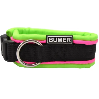 BUMER Steckhalsband, Hundehalsband für Hunde, gepolstert, Halsumfang: 23cm, Gurtband: PREMIUM Pitch Black, Softshell: Neongrün, Ringe: silberfarbig (Edelstahl)