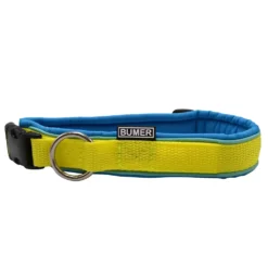 BUMER Steckhalsband, Hundehalsband für Hunde, gepolstert, Halsumfang 40cm, Gurtband Neongelb, Softshell Eisvogelblau, Ringe silberfarbig (Edelstahl)
