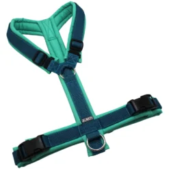 BUMER1000 Hundegeschirr, gepolstert ohne geteilten Bruststeg, Größe L, Gurtband PREMIUM X Petrol, Softshell TÜRKISTÖNE (TU-4301), Ringe silberfarbig (Edelstahl), Schnallen schwarz