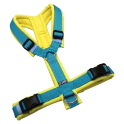 BUMER1000 Hundegeschirr, gepolstert ohne geteilten Bruststeg, Größe M, Gurtband PREMIUM Blue Lagoon, Softshell GELBTÖNE (GE-5154), Ringe silberfarbig (Edelstahl), Schnallen schwarz (DURAFLEX®)