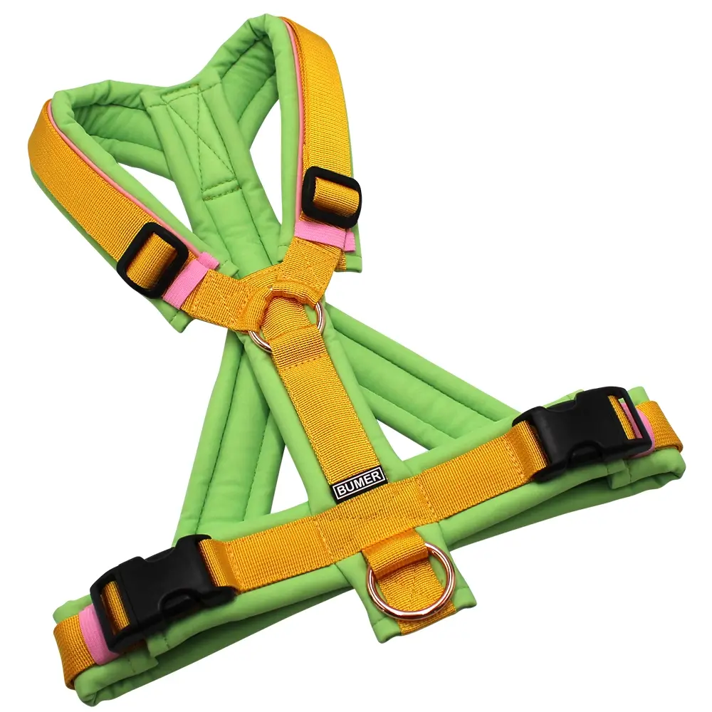 BUMER1000 Hundegeschirr, gepolstert mit geteiltem Bruststeg, Größe M, Gurtband: PREMIUM Sunburst Yellow, Softshell: GRÜNTÖNE (GR-3105), Ringe: silberfarbig (Edelstahl), Schnallen: schwarz (DURAFLEX®)