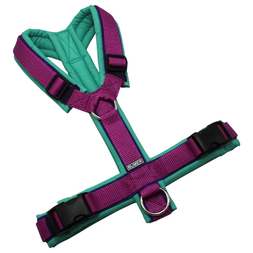 BUMER1000 Hundegeschirr, gepolstert ohne geteilten Bruststeg, Größe M, Gurtband PREMIUM X Fuchsia, Softshell TÜRKISTÖNE (TU-4301), Ringe silberfarbig (Edelstahl), Schnallen schwarz (DURAFLEX®)