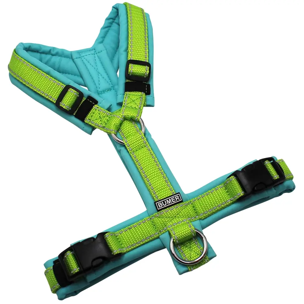 BUMER1000 Hundegeschirr, gepolstert ohne geteilten Bruststeg, Größe S, Gurtband Lime REFLEX, Softshell TÜRKISTÖNE (TU-5101), Ringe silberfarbig (Edelstahl), Schnallen schwarz