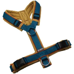 BUMER1000 Hundegeschirr, gepolstert ohne geteilten Bruststeg, Größe S, Gurtband PREMIUM X Petrol, Softshell BRAUNTÖNE (BR-4255), Ringe silberfarbig (Edelstahl), Schnallen schwarz (DURAFLEX®)