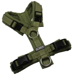 BUMER1000 Hundegeschirr, gepolstert ohne geteilten Bruststeg, Größe XXS, Gurtband Moos, Softshell GRÜNTÖNE (GR 0505), Ringe silberfarbig (Edelstahl), Schnallen schwarz