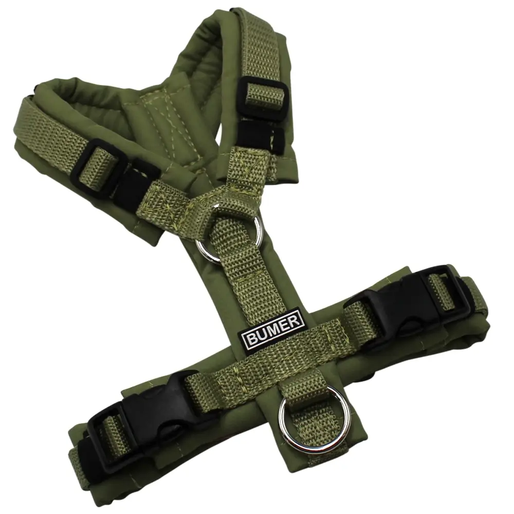 BUMER1000 Hundegeschirr, gepolstert ohne geteilten Bruststeg, Größe XXS, Gurtband Moos, Softshell GRÜNTÖNE (GR 0505), Ringe silberfarbig (Edelstahl), Schnallen schwarz