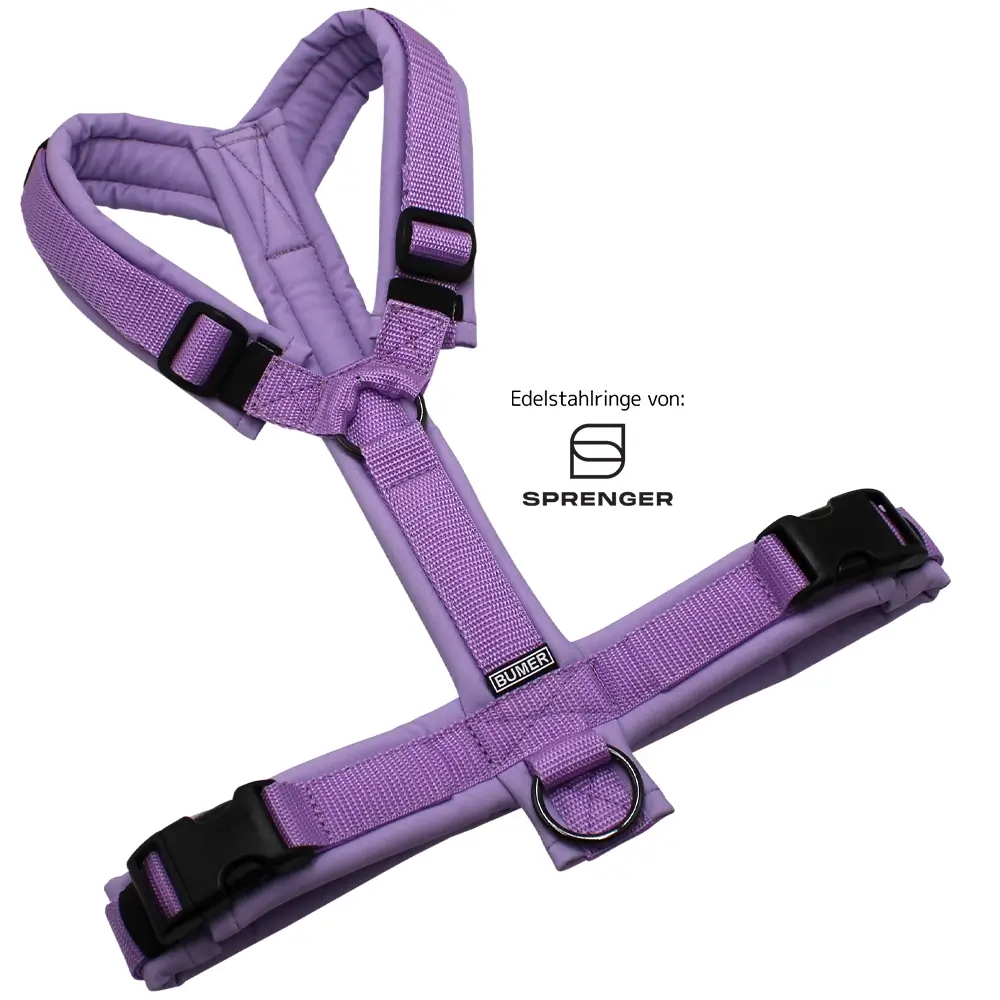 BUMER1000 Hundegeschirr, gepolstert ohne geteilten Bruststeg, Zwischengröße M/L, Gurtband Violet, Softshell VIOLETT TÖNE (VT-1152), Ringe schwarz (Edelstahl), Schnallen DURAFLEX® (Kopie)