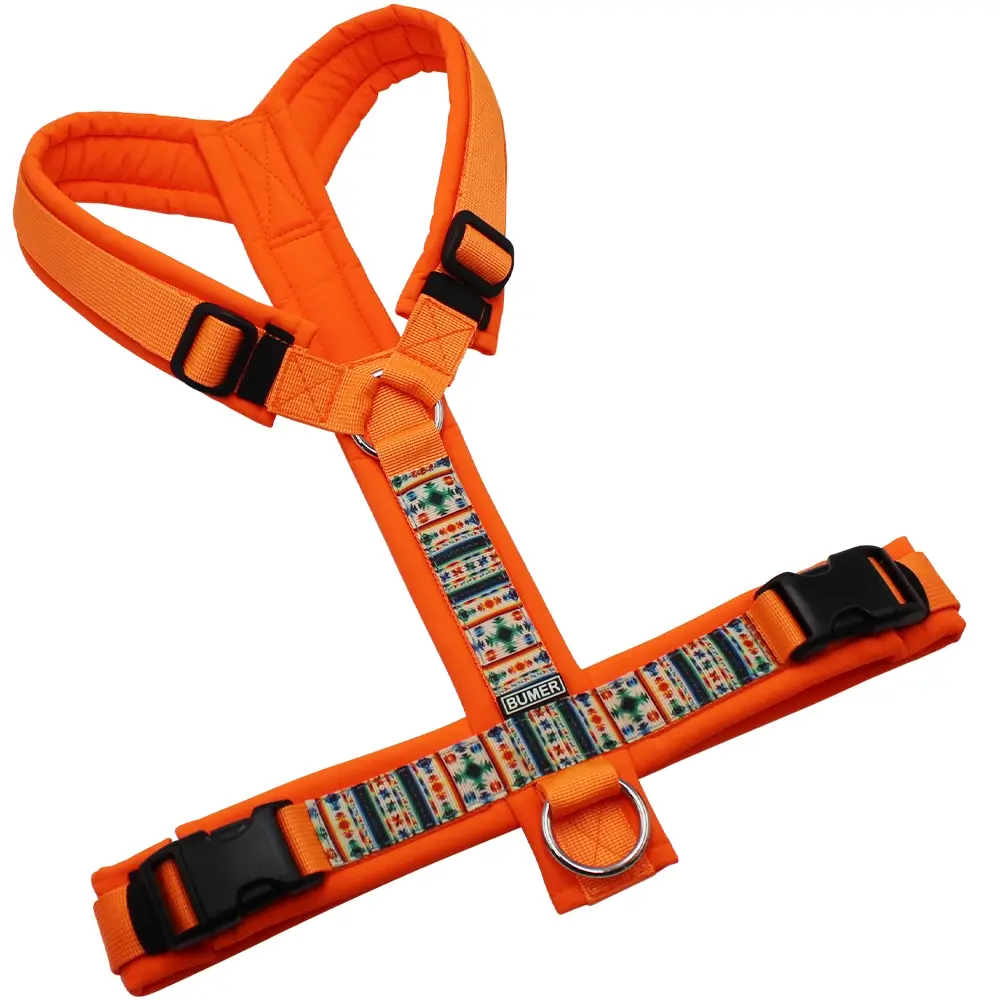BUMER BOHO Hundegeschirr, gepolstert ohne geteilten Bruststeg, Größe L, Gurtband PREMIUM Electric Pumpkin, Softshell Neonorange, Ringe silberfarbig (Edelstahl), Schnallen schwarz