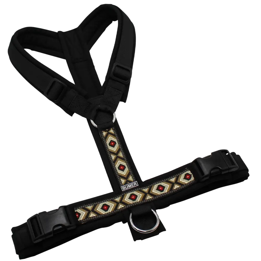 BUMER BOHO Hundegeschirr, gepolstert ohne geteilten Bruststeg, Größe L, Gurtband PREMIUM Pitch Black, Softshell Schwarz, Ringe silberfarbig (Edelstahl), Schnallen schwarz