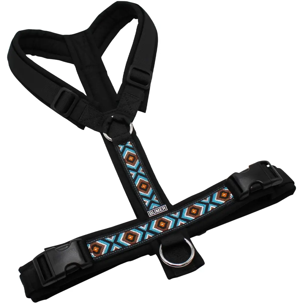 BUMER BOHO Hundegeschirr, gepolstert ohne geteilten Bruststeg, Größe L, Gurtband PREMIUM Pitch Black, Softshell Schwarz, Ringe silberfarbig (Edelstahl), Schnallen schwarz