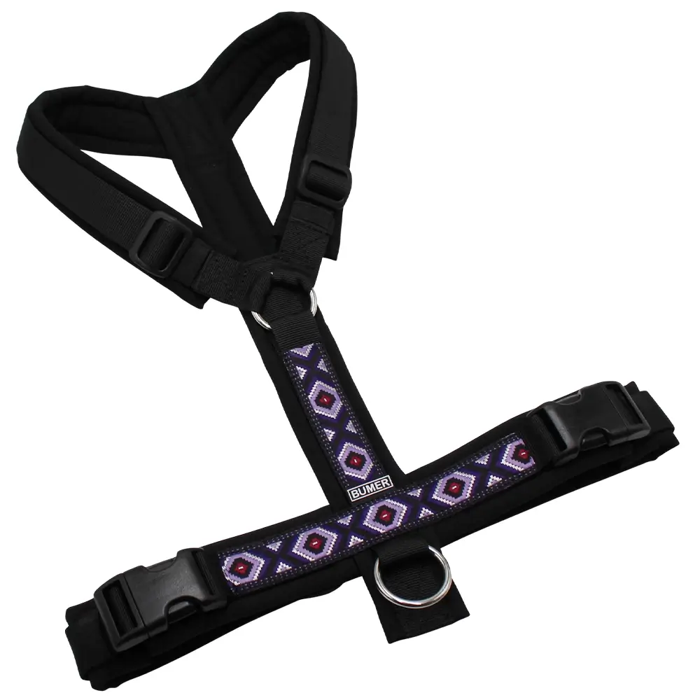 BUMER BOHO Hundegeschirr, gepolstert ohne geteilten Bruststeg, Größe L, Gurtband PREMIUM Pitch Black, Softshell Schwarz, Ringe silberfarbig (Edelstahl), Schnallen schwarz