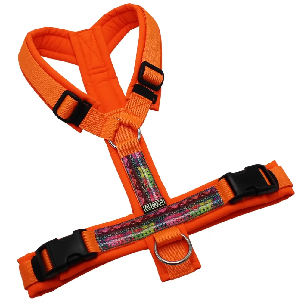BUMER BOHO Hundegeschirr, gepolstert ohne geteilten Bruststeg, Größe M, Gurtband PREMIUM Electric Pumpkin, Softshell Neonorange, Ringe silberfarbig (Edelstahl), Schnallen schwarz (DURAFLEX®)