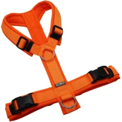 BUMER Hundegeschirr, gepolstert ohne geteilten Bruststeg, Größe M, Gurtband PREMIUM Electric Pumpkin, Softshell Neonorange, Ringe silberfarbig (Edelstahl), Schnallen schwarz (DURAFLEX®)