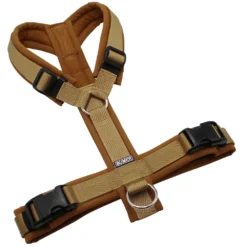 BUMER Hundegeschirr, gepolstert ohne geteilten Bruststeg, Größe M, Gurtband PREMIUM Golden Sand, Softshell Caffee Latte, Ringe silberfarbig (Edelstahl), Schnallen schwarz (DURAFLEX®)