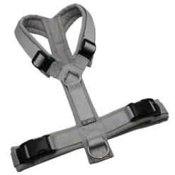 BUMER Hundegeschirr, gepolstert ohne geteilten Bruststeg, Größe M, Gurtband PREMIUM Muschelgrau, Softshell Hellgrau, Ringe silberfarbig (Edelstahl), Schnallen schwarz (DURAFLEX®)