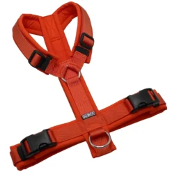 BUMER Hundegeschirr, gepolstert ohne geteilten Bruststeg, Größe M, Gurtband PREMIUM Scarlet Essence, Softshell Kürbisorange, Ringe silberfarbig (Edelstahl), Schnallen schwarz (DURAFLEX®)