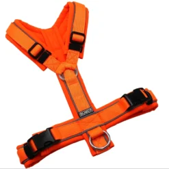 BUMER Hundegeschirr, gepolstert ohne geteilten Bruststeg, Größe S, Gurtband PREMIUM Electric Pumpkin, Softshell Neonorange, Ringe silberfarbig (Edelstahl), Schnallen schwarz, Paspel grau (REFLEX)